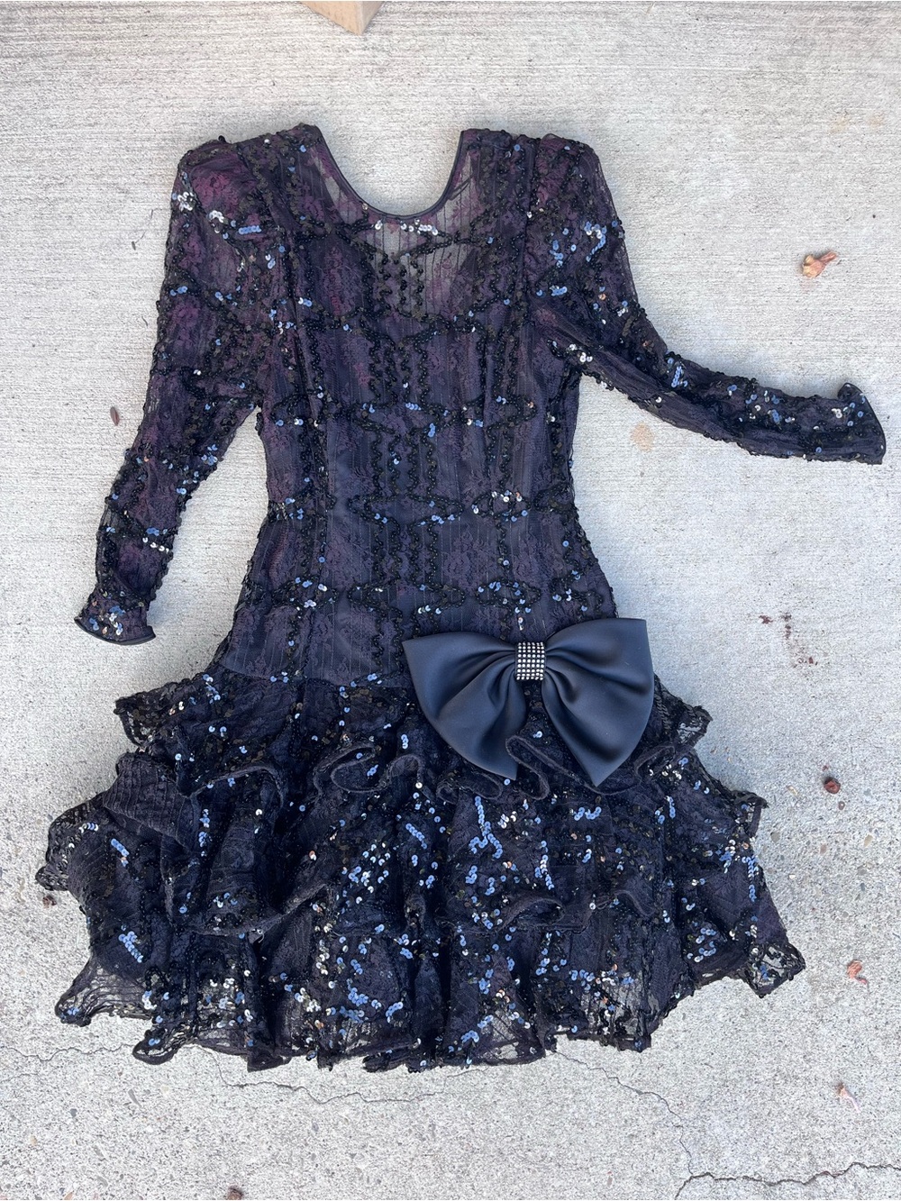 Julie Duroché Black Sequined Ruffle Prom Dress with Satin Bow